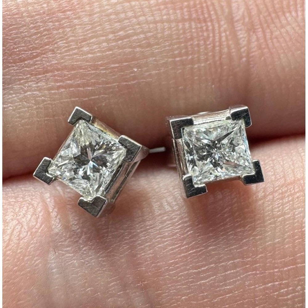 Vintage 14k Solid White Gold Natural High Quality Princess Cut Diamond Earrings‎